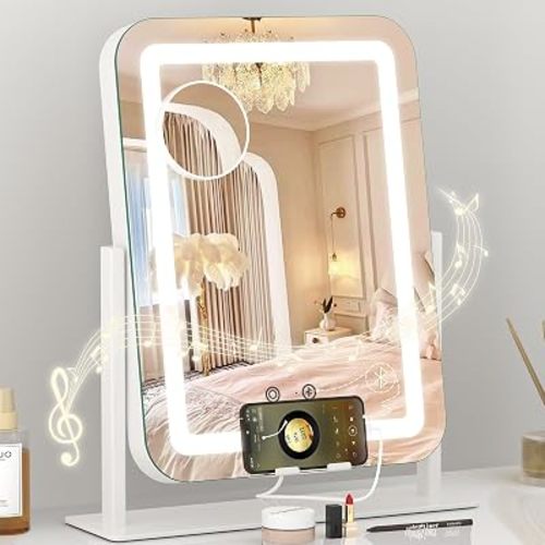 Dripex 5-in-1 Lighted Vanity Mirror with Bluetooth Speaker & Type-C Charging, 15"x12" LED Makeup Mirror with Lights 3 Colors Dimmable, Phone Holder Touch Keys 10X Magnification
