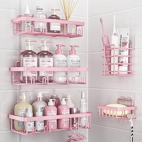 Shower Caddy 5 Pack, Bathroom Shower Organizer Rack for Inside Shower, Adhesive Shower Shelf, Shampoo Holder, Shower Basket, Metal Wall Storage, Pink