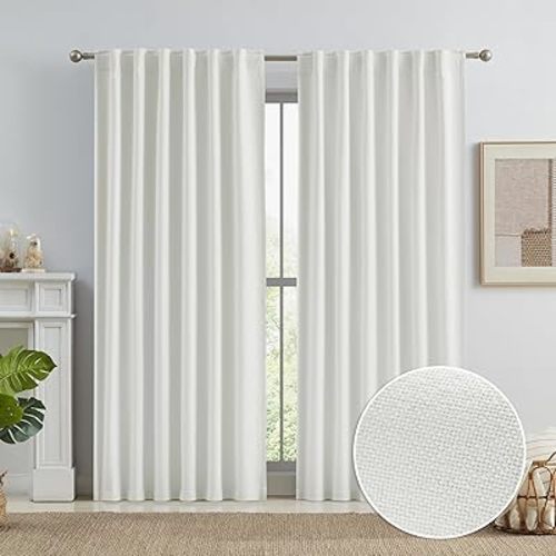 KEQIAOSUOCAI Natural Faux Linen Blackout Farmhouse Curtains for Bedroom Ecru Cream Ivory White Birch 84 Inches Long, Back Tab Hook Belt Pleated Boho Curtain Drapes Neutral 50x84 Inch 2 Panels Set