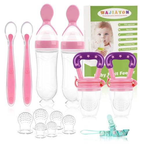 WAJIAYON Baby Fruit Feeder Pacifier - 6 Pack | 2 Baby Fruit Food Feeder Pacifier & 2 Baby Food Dispensing Spoon | Fresh Fruit Teethers for Babies | Silicone Feeder Baby,Mesh Baby Feeder (Pink)