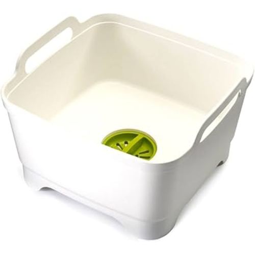 Joseph Joseph Wash & Drain Kitchen Dish Tub Wash Basin with Handles and Draining Plug, 9 liters, White