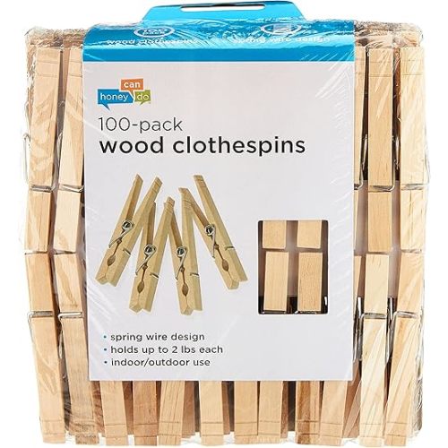 Honey-Can-Do DRY-01376 Wood Clothespins with Spring, 3.3-inches Length,Brown, Medium, 100-Pack
