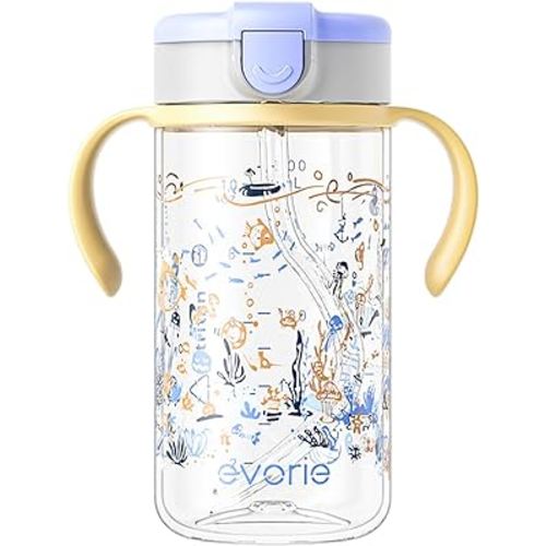 Evorie Tritan Toddler Sippy Cup with Silicone Straw, Spill-Proof Straw Water Bottle for Kids 1-4 Years Old, 10 oz, Removable Handles, Ideal for School