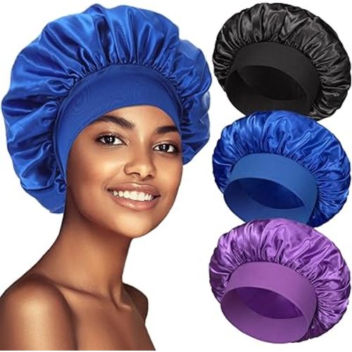 3 Pack Satin Bonnet Silk Bonnet for Sleeping, Bonnets for Black Women Bonnet for Sleeping Large Sleep Cap, Wide Soft Band Bonnet for Curly Hair