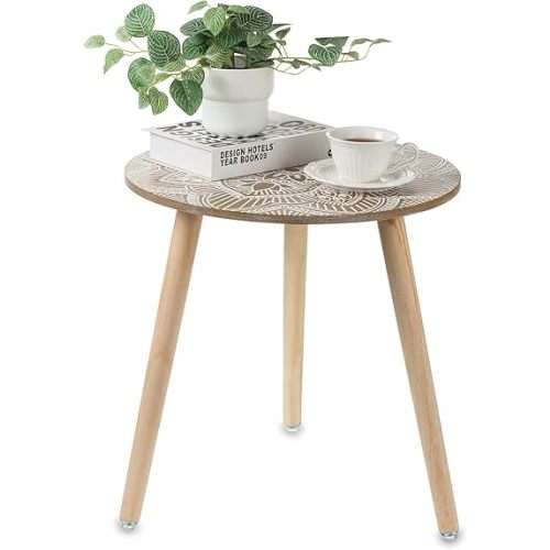 Hanobe Small Round Side Table: Boho End Tables for Living Room Bohemian Accent Bedside Table Brown Bedroom Nightstand Farmhouse Home Decor Decorative with 3 Wood Legs, Easy Assembly