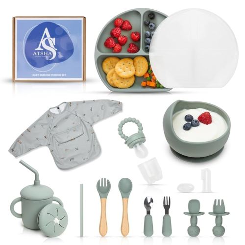 Silicone Baby Feeding Set - 19 Pcs Baby Led Weaning Supplies, Suction Plate and Bowl, Sippy Cup, 3 Set of Forks, Fruit Tetther, Tiny Brush, and Long Sleeved Bib