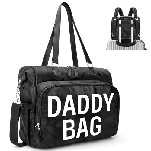 Pripher 4 in 1 Convertible Daddy Bag Backpack, Camo Black Diaper Backpack for Dad and Mom, Father's Bag for Hospital with DADDY BAG Imprint, Baby Care Diaper Backpack & Tote with 14 Pockets
