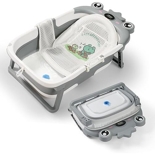 Baby Bathtub,Collapsible Baby Bath Tub with Soft Cushion & Thermometer, Space Saving Foldable & Travel Newborn Bathtub for Infant to Toddler 0-36 Months, Frog Gray