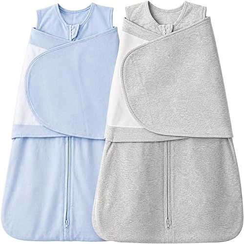 Baby Sleep sack Swaddle 2 Pack,Swaddles 3-6 Months,3-Way Adjustable Wearable Transition Blanket 100% Organic Cotton,12-18 lbs,1.0 TOG(Blue&Grey)