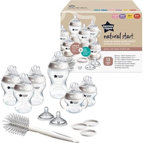 Tommee Tippee Natural Start 12 Piece BPA Free Bottle Set, Includes 2 x 5 oz, 3 x 9 oz, 1 x 11 oz Bottles, Newborn 0+ Months, Slow, Medium & Thicker Flow Breast-Like Nipples, Cleaning Brush, Clear