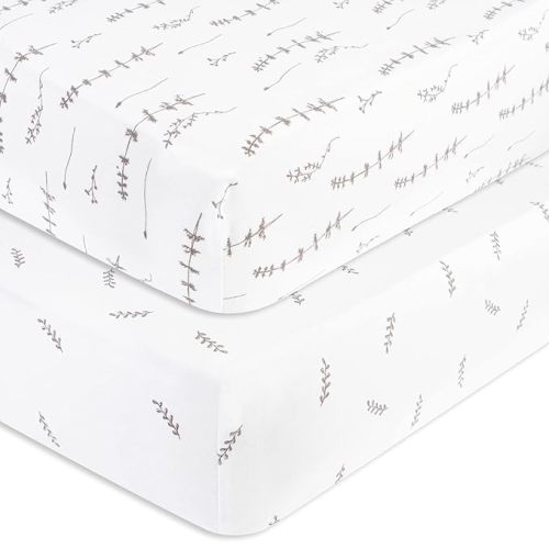 Pack and Play Sheet 2 Pack - Pack and Play Sheets Fitted with 100% Jersey Cotton - Pack N Play Mattress Sheets for Boys and Girls, Newborn Essentials (Neutral Forest Grey Floral and Leaves)