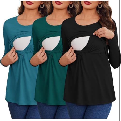 Ekouaer Women 3 Packs Nursing Shirts Long Sleeve Maternity Tops Double Layer Breastfeeding Tees Round Neck Pregnancy Blouse