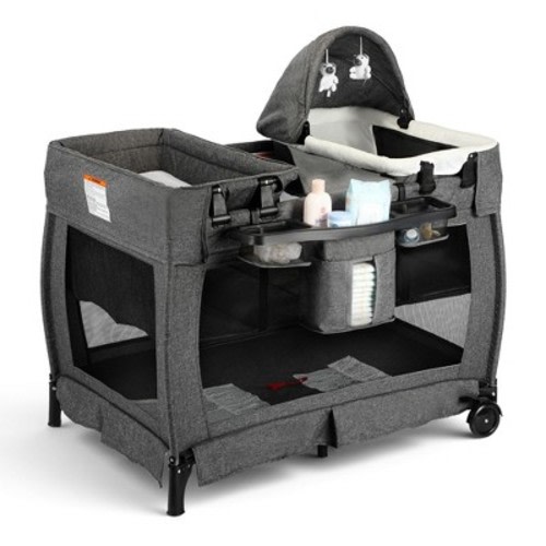 Kinder King 4-in-1 Convertible Baby Playard with Bassinet, Diaper Changer, Cradle&Bedside Sleeper, Breathable Mesh, Storage Organizer&Lockable Wheels