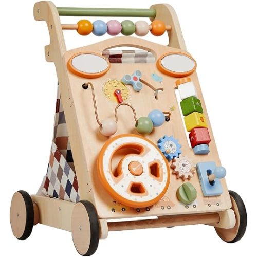 GROWNSY Wooden Baby Walker with Wheels, 3-in-1 Sit-to-Stand Baby Walker with Adjustable Speed, Montessori Push Walker with 7-in-1 Removable Activity Panel, First Birthday Gifts for Boys & Girls