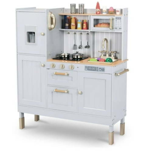 Pirecart Play Kitchen, Wooden Kids Kitchen Playset Pretend Chef Cooking Play Set with Realistic Lights & Sounds