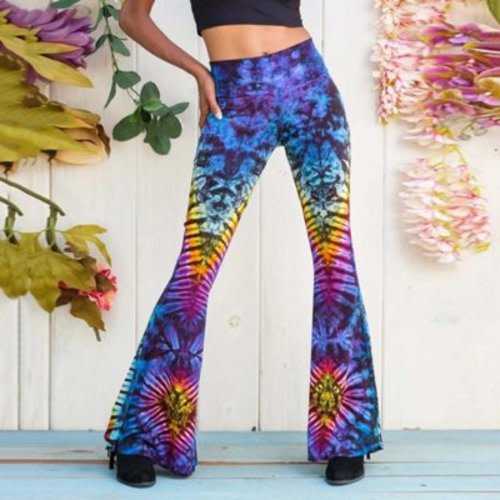 haxmnou women tie-dyed high waist flare wide leg chic trousers bell bottom yoga pants multicolor m