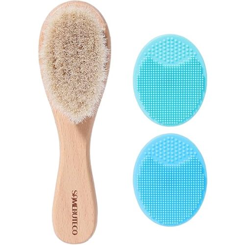 Baby Hair Brush and Cradle Cap Brush Set Goat Hair Bristles Brush 2 Pieces Silicone Cradle Cap Brushes Wood Handle Newborn Brush Kit for Newborns and Toddlers 3 Packs