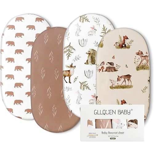 Gllquen Baby Bassinet Sheets 4 Pack, Breathable Cozy Fitted Mattress Sheet, Elastic Travel Crib Fashionable Floral Pattern, Standard Cradle Safe Sheets for Baby Boy Girls 32"X16" (Bear)