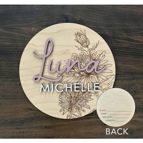 Personalized 10x10" Birth Flower Double Sided Birth Stats Round Wooden Sign - Etsy
