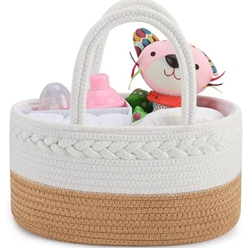 ABenkle Diaper Caddy Organizer, Boho Rustic Cotton Rope Nursery Baby Basket, Changing Table Organizer for Baby Diaper Storage and Baby Shower
