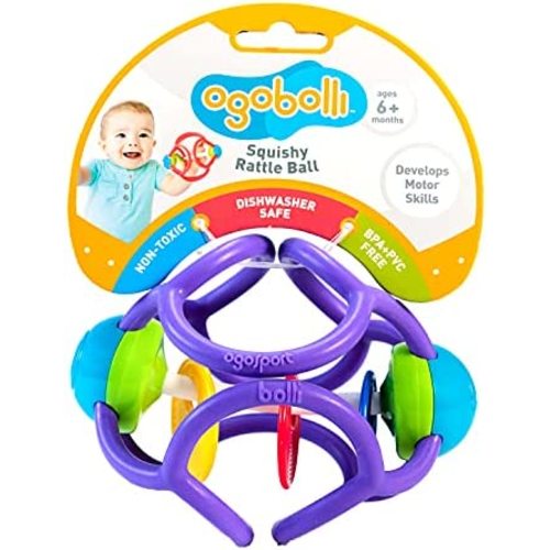 OgoBolli Rattle & Teether Toy for Babies - Tactile Sensory Ball - Stretchy, Soft Non-Toxic Silicone - Ages 6 Months and up - Purple