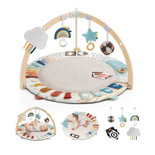 Blissful Diary Baby Play Gym & Activity Mat, 5 Developmental Zones Wooden Tummy Time Mat with 6 Detachable Sensory Toys for Motor Skills & Sensory Development, Baby Essentials Shower Gift