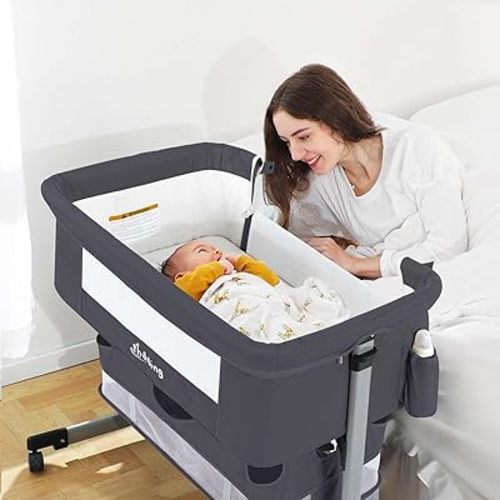 Ihoming Baby Bassinet Bedside Sleeper, Baby Bed Side Crib with Storage Basket, Easy Folding Bassinets, Adjustable Baby Bed for Infant Newborn, Pure Gray