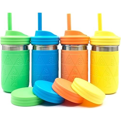 Elk and Friends Stainless Steel Cups |14 oz Mason Jar design | Kids & Toddler Cups with Silicone Sleeves & Straws with Stopper | Smoothie Cups | Dishwasher Safe | Green/Blue/Orange/Yellow, 4 Cups