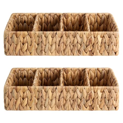 StorageWorks Small Wicker Basket for Organizing with 4-Section, Natural Water Hyacinth Storage Baskets with Dividers for Pantry Shelves, 2-Pack