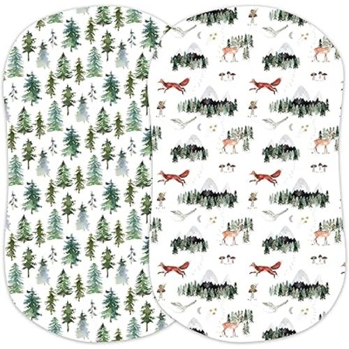 Baby Bassinet Sheets for Boy, Girl (Woodland Forest Animals) 2-Pack - Fitted Bedside Bassinet Sheets - Buttery Soft Cotton Blend for Standard Bassinet Mattress Pad - Compatible with Halo Bassinest