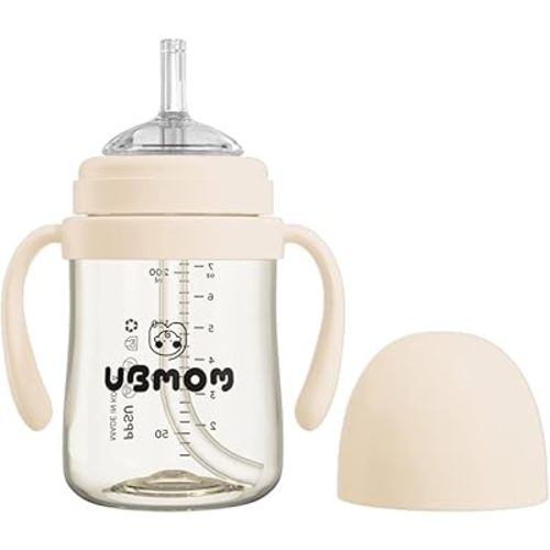 Sippy Cup with Straw and Handle, Spillproof Baby and Toddler Cups with Replaceable Straw, BPA-Free PPSU Sippy Cups for Toddlers, 6.76oz (Beige)