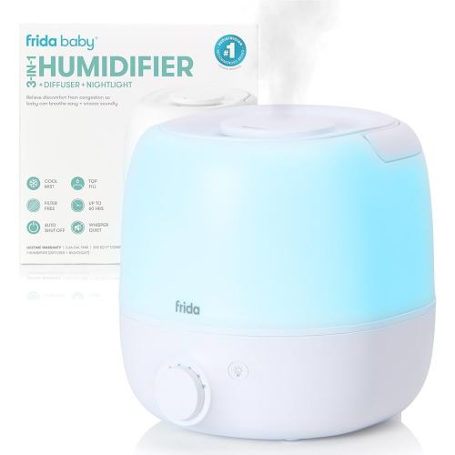 Frida Baby 3-in-1 Cool Mist Humidifier for Large Rooms, Top Fill Humidifier for Bedroom, Allergy Relief, 60 Hour Runtime + Nightlight, Auto Shut-Off, Quiet, Carry Handle, Essential Oil Diffuser