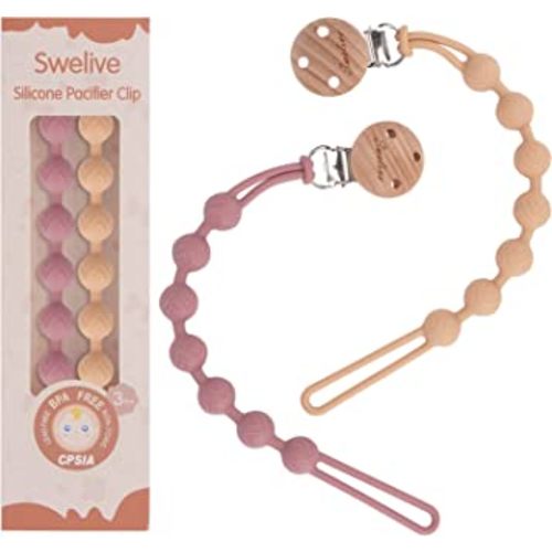 Pacifier Clips for Baby Boys Girl, 2 Pack Pacifier Holder Clips, One-Piece Binky Clips, Wooden Clips Design, Soothe Paci Clip Baby Binky Holder for Shower and Birthday Gift (Apricot+Dusty Rose)