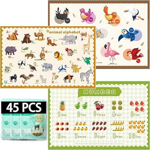 45 Pack Sticky Disposable Placemats for Baby & Toddlers,Toddler Placemat 12"x18" Kids Table Mat for Party, Picnic Table, Restaurants Dining Table Travel Essentials for Toddlers with 3 Designs
