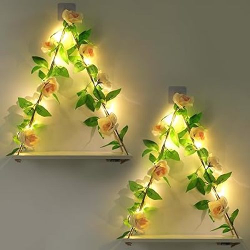 Floating Shelves Plant Wall Decor,Shelf for Wall,Plant Decor,Shelf No Drilling,Decorative Leaves and Light Strip,Set of 2 Plant Shelf Wall,Easter for Decorating Room(Champagne Flower)