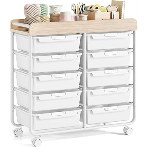 Rolling Storage Cart with 10 Large Drawers, Utility Cart with Wooden TableTop for Craft Organizers, Art Supply Storage, Home Office Organization, Cart with Wheels for Classroom, School, White