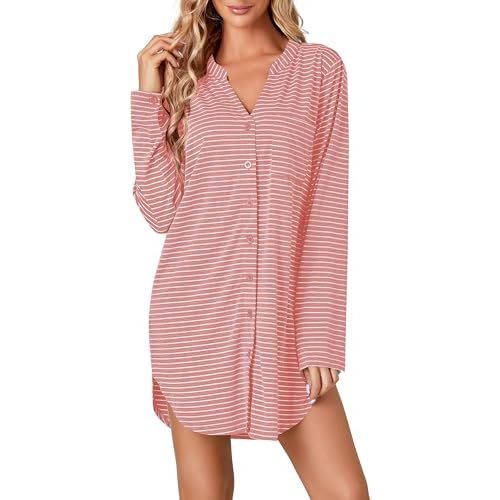 Vrtige Women's Striped Nightshirt Button Down Long Sleeve Nightdress Nightgown with Pocket