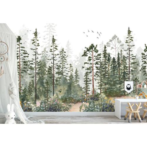 Woodland Watercolor Pine Tree Forest Nursery Décor Fabric available in Peel and Stick and Unpasted Traditional Wallpaper Mural #3301