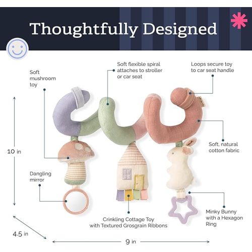 Itzy Ritzy Spiral Car Seat & Stroller Activity Toy - Stroller & Car Seat Toys for Ages 0 Months and Up - Hanging Toys Include Dangling Ring, Mirror and Textured Ribbons (Pastel Rainbow)