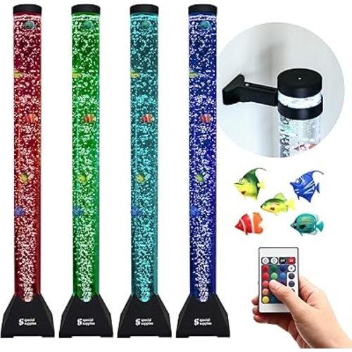 Special Supplies Aquarium Sensory Fish Bubble Light Tube with 16 LED Color Changing Nightlight Effect, Remote Control, and 5 Fishes, Colorful Floor Standing Lamp for Kids and Adults (4 feet)