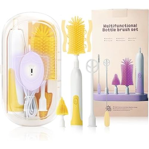 Electric Bottle Brush,Electric Baby Bottle Brush Set with Silicone Bottle/Pacifier/Straw Brush and Mixing Head, Water Bottle Cleaner Brush with Drying Rack, 2 Modes & 360° Rotation (Yellow)