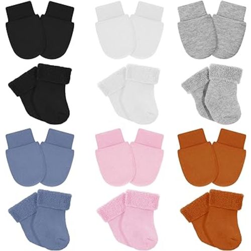 6 Pack Preemie Mittens and Socks Set Newborn Baby Mittens and Socks Set No Scratch Preemie Gloves Cotton for Boys Girls