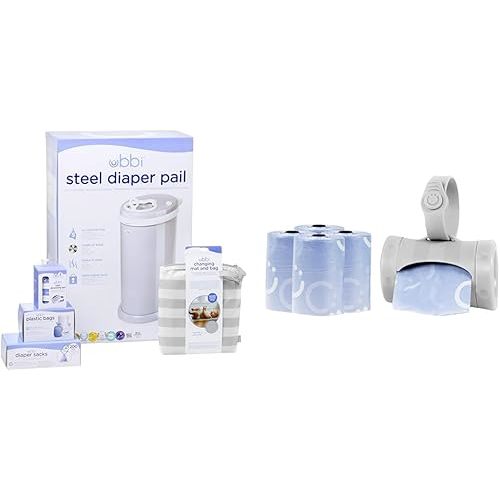 Ubbi Diaper Changing Value Gift Set, Baby Registry Gift, Includes Gray Diaper Pail, Absorbing Gels & On-the-Go Gray Bag Dispenser and Waste Disposal Bags Refill, Lavender Scented