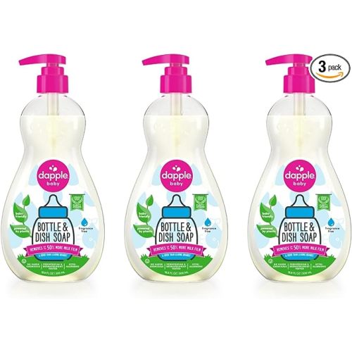 Dapple Baby, Bottle and Dish Soap Dish Liquid Plant Based Hypoallergenic 1 Pump Included, Packaging May Vary, Fragrance Free, 16.9 Fl Oz (Pack of 3)