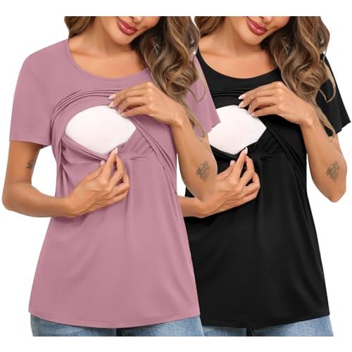 SWOMOG Women's 2 Pack Nursing Tops Short Sleeve Nursing Shirts Double Layer Maternity Tops Soft Comfort for Breastfeeding