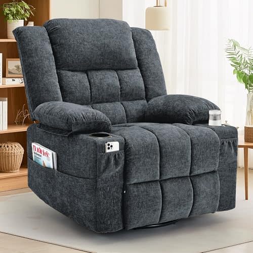 Korser 360° Swivel Rocker Recliner for Adults, Nursery Glider Recliner with Massage and Heating, Rocking Chair with Cup Holder, Manual Recliner Chair for Living Room, Bedroom (Fabric, Dark Gray)