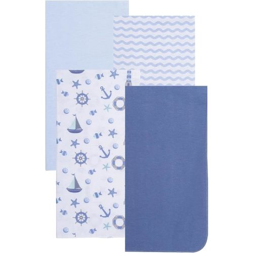 EVERYDAY KIDS 4 Pack of Soft Flannel Receiving Baby Blanket Set for Boys; Blue Baby Swaddle Blankets for Newborn Baby Boy Nursery with Ocean Animals, Sailboats, Lighthouses, Wavy Stripes Prints
