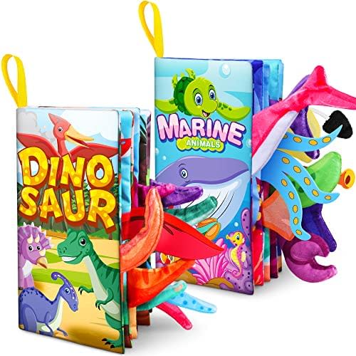 Baby Soft Books,Early Education Interactive Toys for 0-6-12-18 Months Boys Girls,Dinosaur and Ocean Tail Cloth Books for Infants,Toddlers,Sensory Learning Stroller Shower Toys Gifts for Newborn(2PCS)