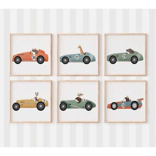 Set of Six Nursery Prints, Whimsical Animal Racing Car Art, Gender-Neutral Kids Bedroom Decor, Playroom Wall Art, Children's Room print set