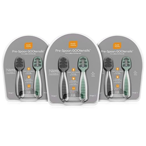 NumNum Pre-Spoon GOOtensils | Baby Spoon Set (Stage 1 + Stage 2) | BPA Free Silicone Self Feeding Toddler Utensils | for Kids Ages 6 Months+, 3-Pack (Six Spoons), Storm Gray/Glacier Green - 3 Pack (Six Spoons)